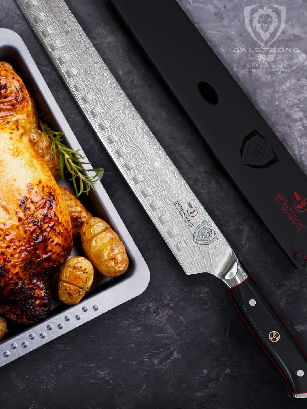 Dalstrong shogun series 14 inch extra long slicer knife with black sheath and roasted turkey in a tray.