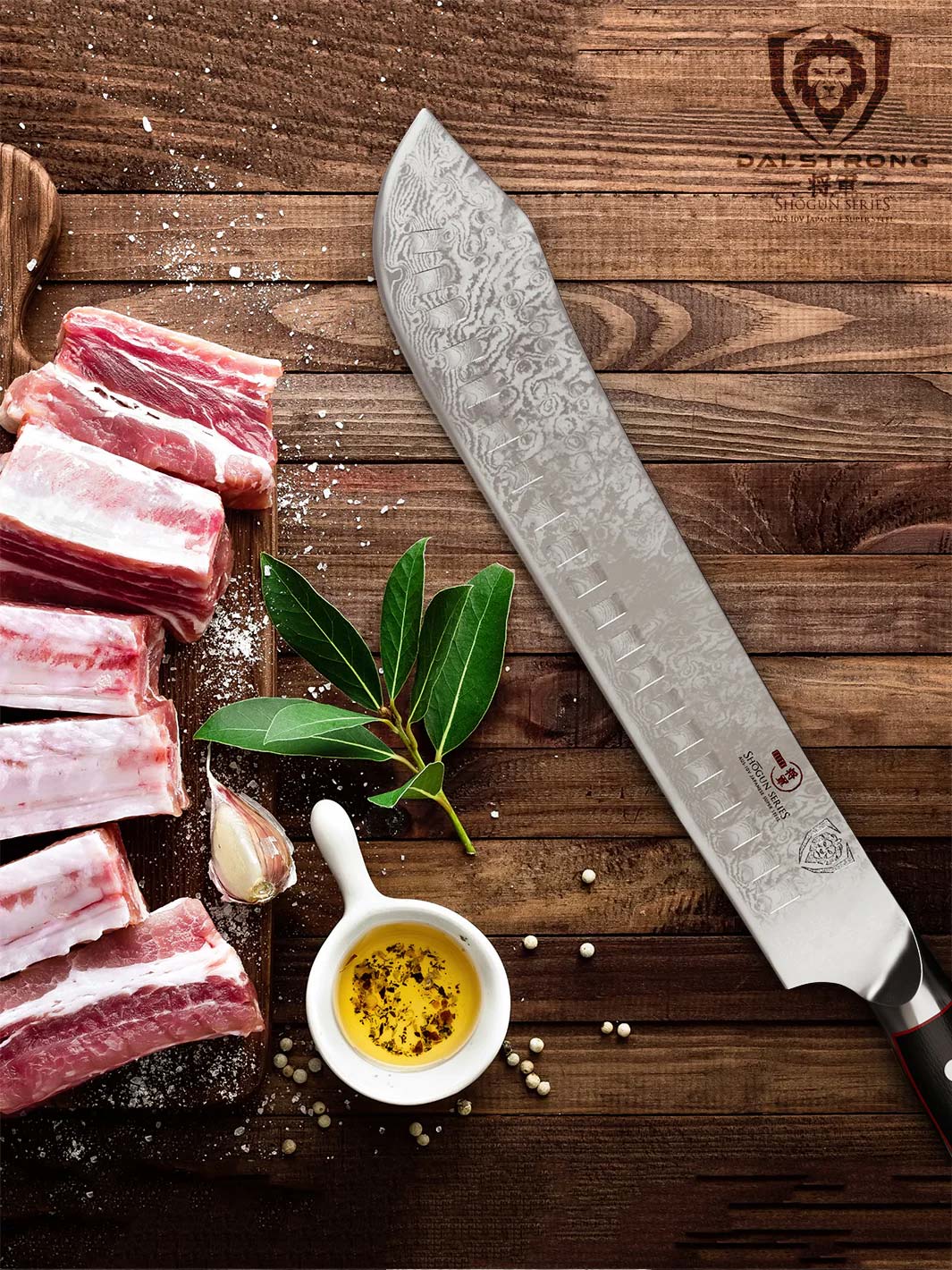 Dalstrong shogun series 10 inch bullnose butcher knife with black handle and six cuts of meat on a wooden board.
