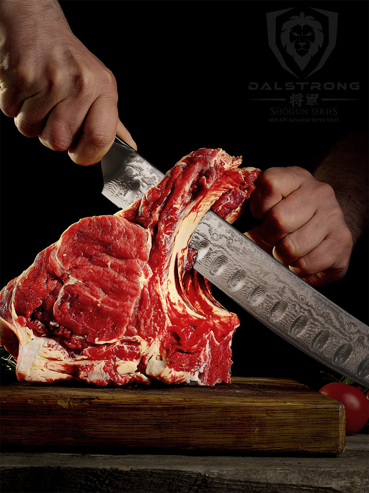 Slicing a large meat using the Dalstrong shogun series 10 inch butchers knife on a wooden board.