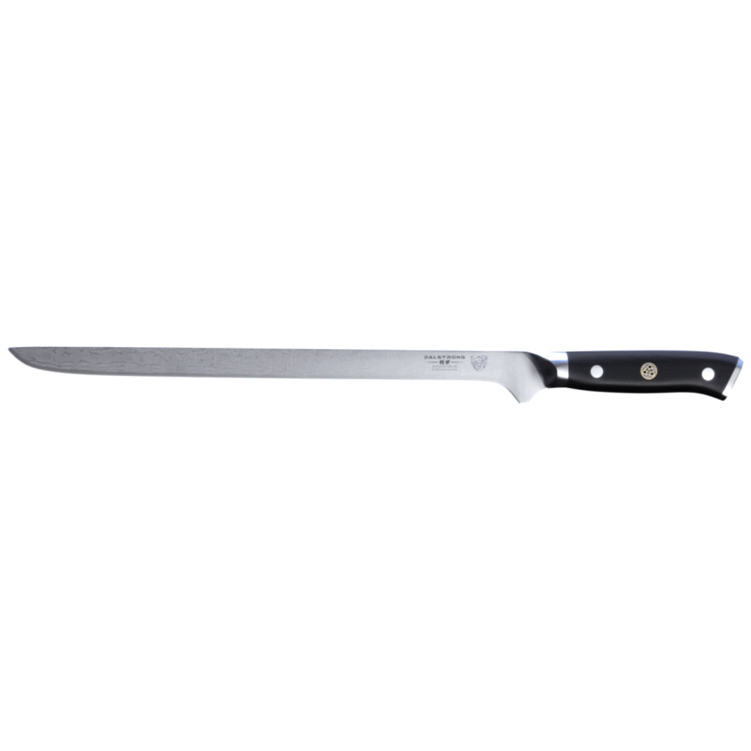 Dalstrong shogun series 12 inch spanish slicer knife with black handle in all angles.