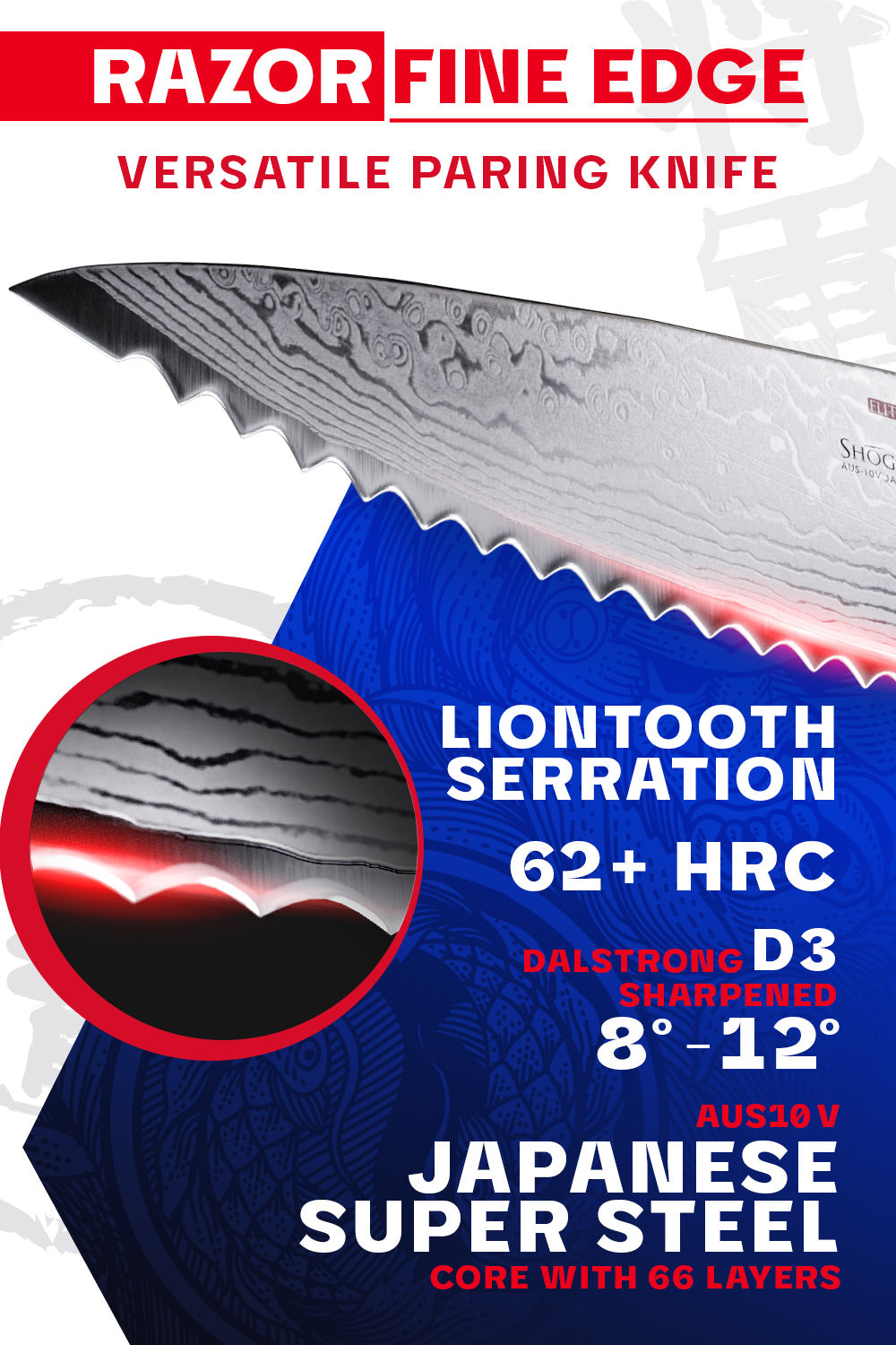 Dalstrong shogun series 3.5 inch serrated paring knife sharpness and blade specification.