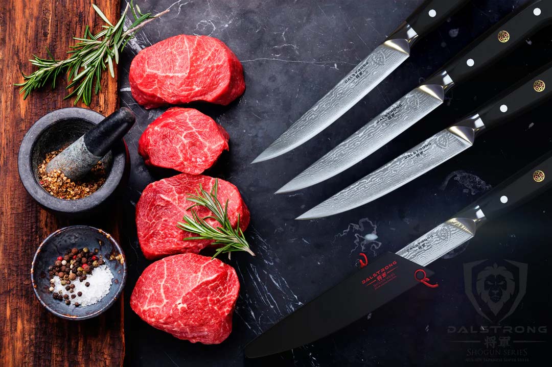 Dalstrong shogun series 4 piece steak knife with black handle and four steaks beside it.