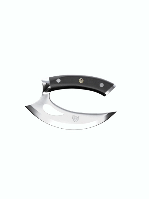 Dalstrong shogun series 6 inch ulu knife with black handle in all angles.