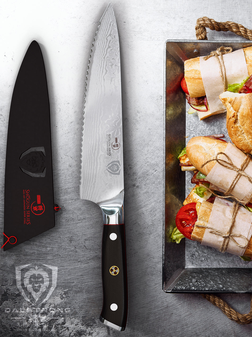 Dalstrong shogun series 7.5 inch serrated chef knife with black handle, sheath and sandwiches.