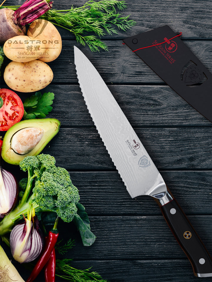 Dalstrong shogun series 7.5 inch serrated chef knife with black handle and different vegetables on the side.