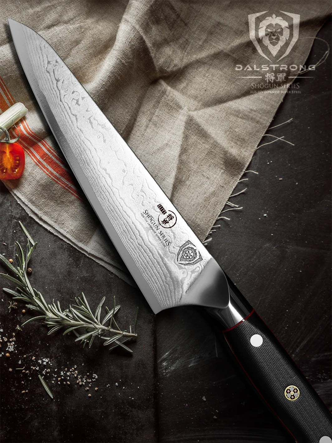 Dalstrong shogun series 7 inch chef knife with black handle on top of a white cloth.