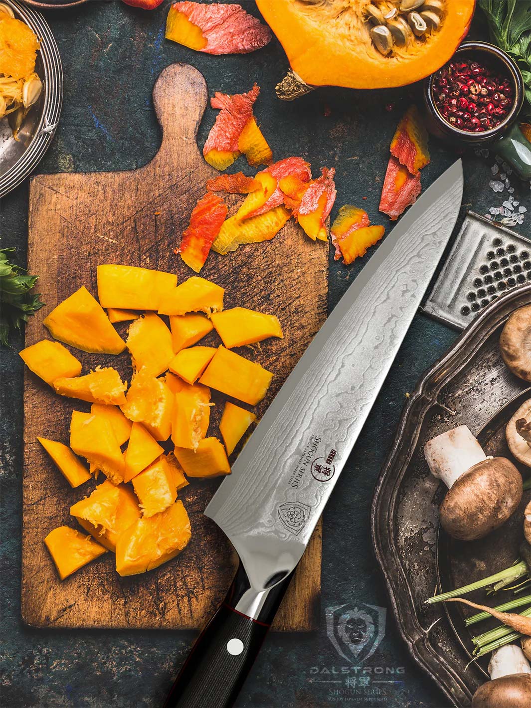 Dalstrong shogun series 7 inch chef knife with cuts of squash on a wooden board.