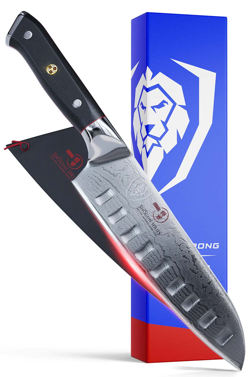 Dalstrong shogun series 7 inch santoku knife with black handle in front of it's premium packaging.