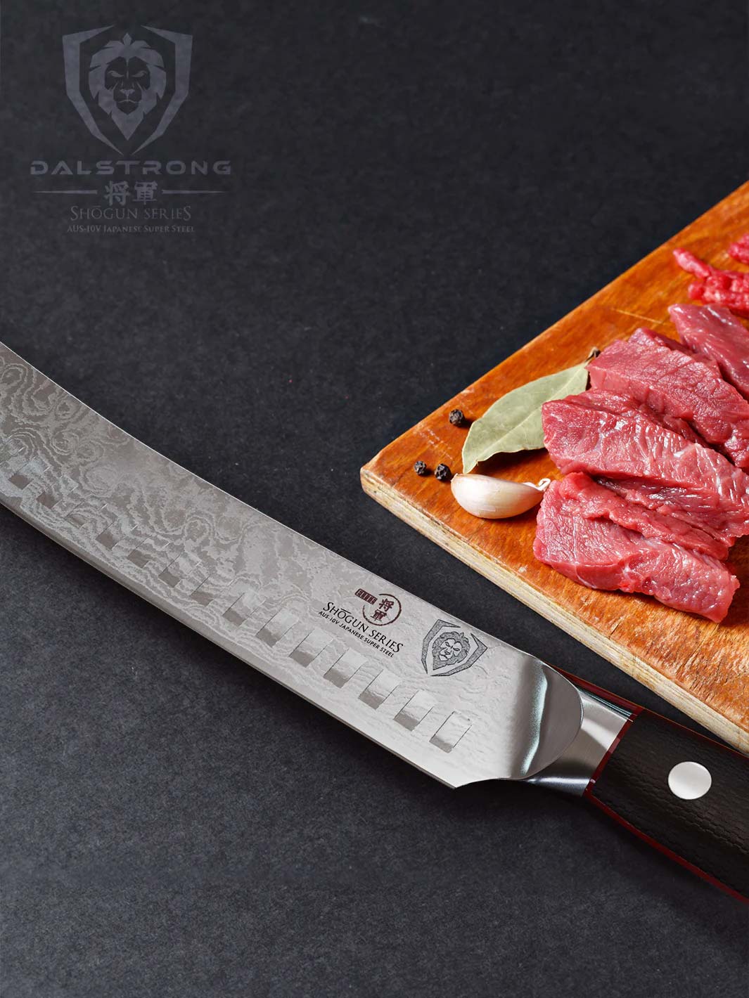 Dalstrong shogun series 8 inch butcher knife with black handle and small slices of meat on a wooden board.