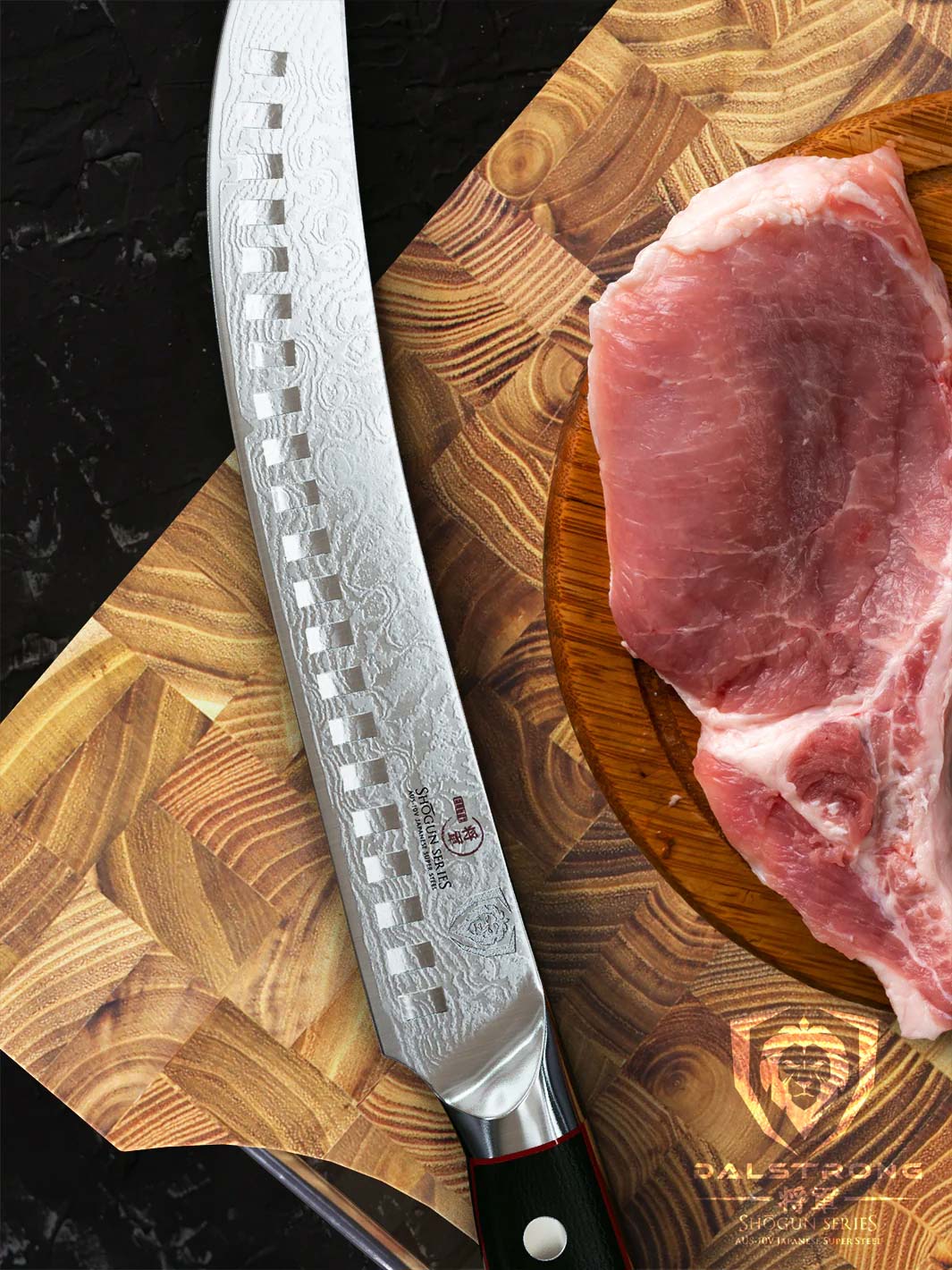 Dalstrong shogun series 8 inch butcher knife with black handle and a large cut of meat on top of a Dalstrong wooden board.