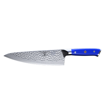 Dalstrong shogun series 8 inch chef knife with blue handle in all angles.