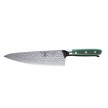 Dalstrong shogun series 8 inch chef knife with army green handle in all angles.