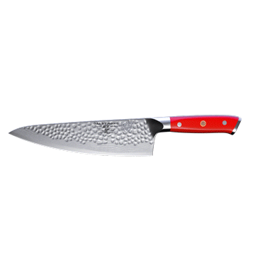 Dalstrong shogun series 8 inch chef knife with crimson red handle in all angles.