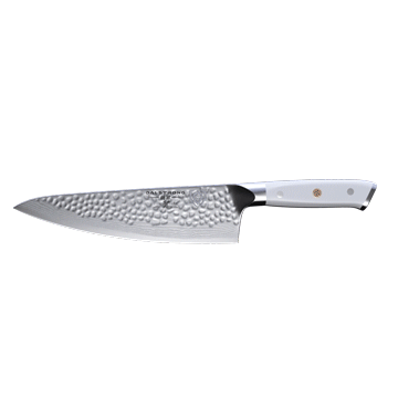 Dalstrong shogun series 8 inch chef knife with white handle in all angles.