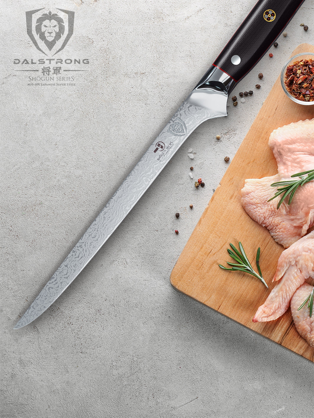 Dalstrong shogun series 8 inch boning knife with black handle and two chicken wings on a wooden table.
