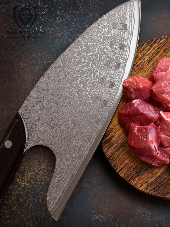 Dalstrong shogun series 8 inch guardian chef knife with black handle and slices of meat on a wooden board.