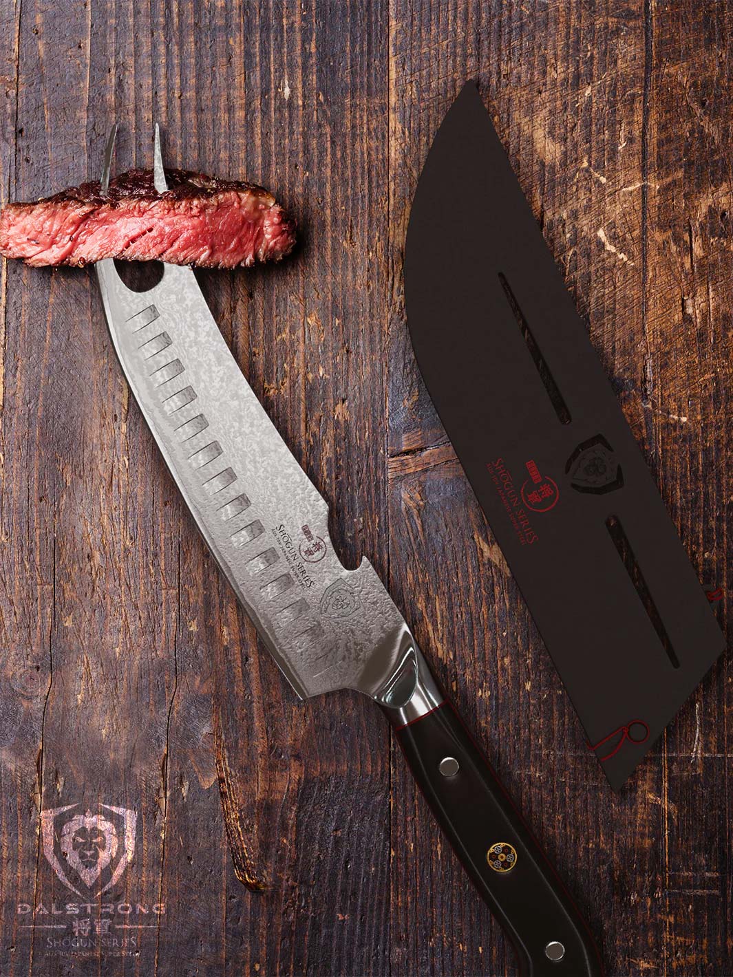 Dalstrong shogun series 8 inch pitmaster knife with black handle and sheath on a wooden table.