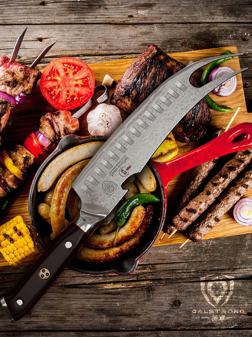 Dalstrong shogun series 8 inch pitmaster knife with black handle and different kinds of BBQ on a wooden board.