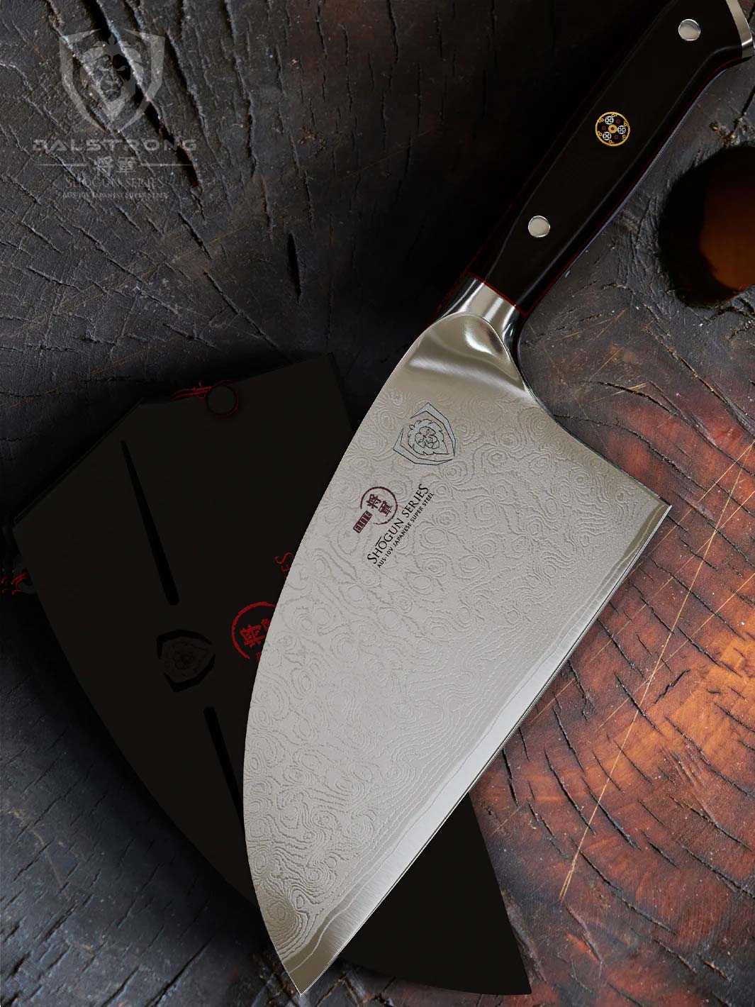 Dalstrong shogun series 8 inch serbian chef knife with black handle and sheath on a wooden board.