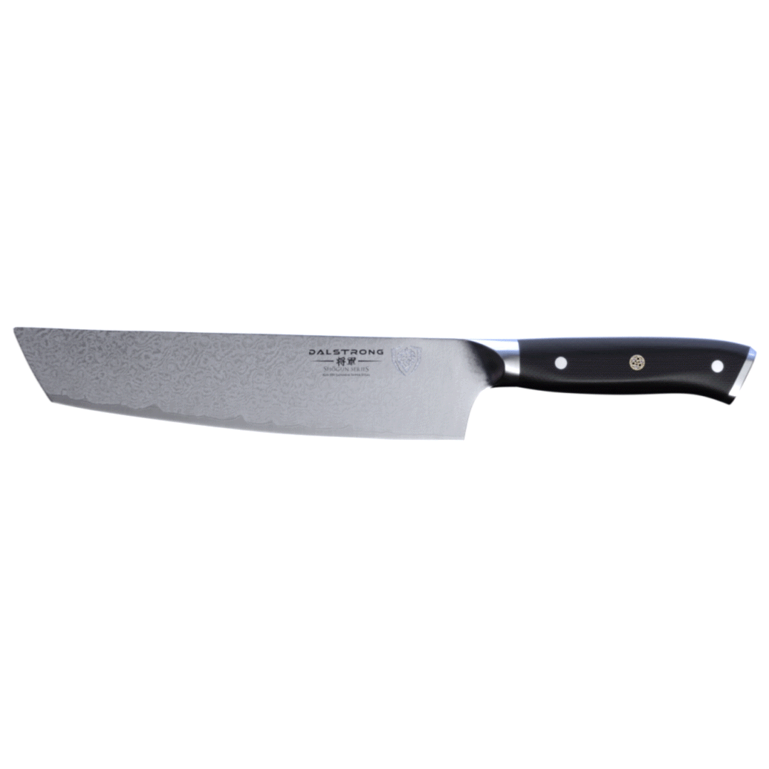 Dalstrong shogun series 8 inch tanto chef knife with black handle in all angles.