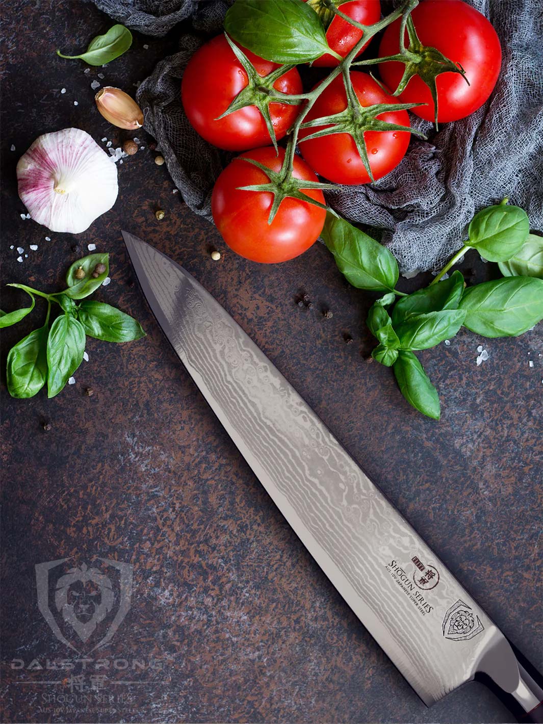 Dalstrong shogun series 9.5 inch chef knife with black handle and tomatoes on top.