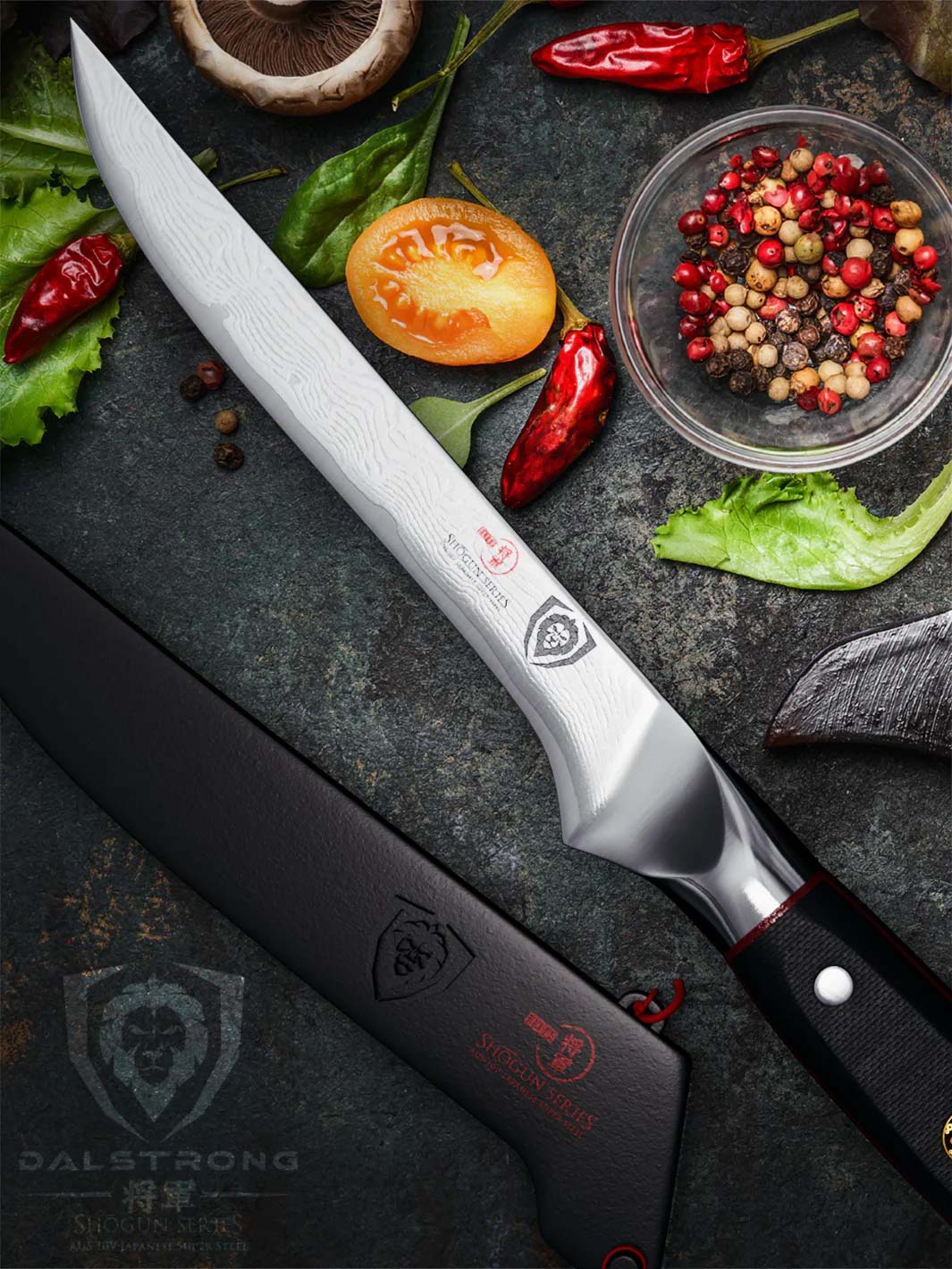 Dalstrong shogun series 6 inch boning knife with black handle with it's sheath and vegetables.