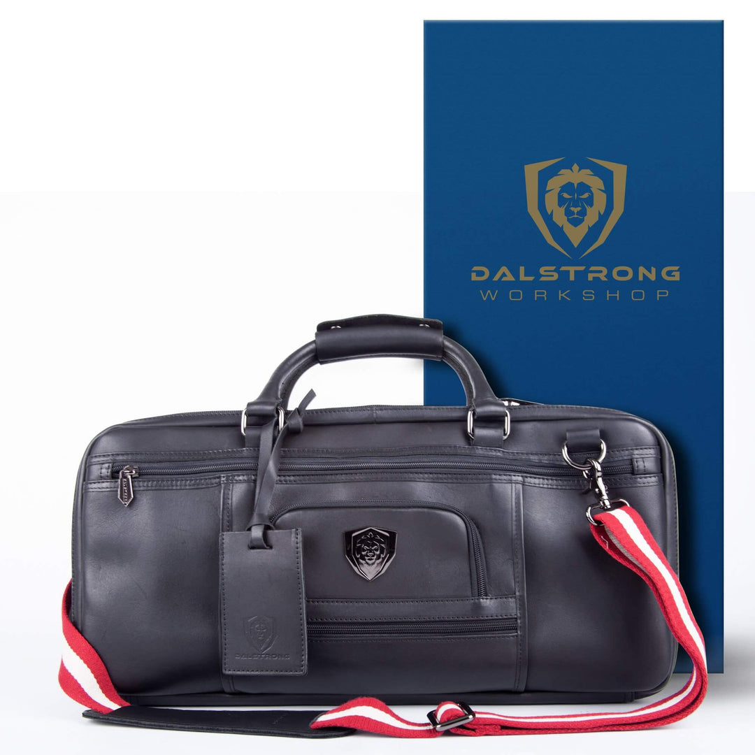 Dalstrong the culinary commander premium 4 pocket knife bag in front of it's packaging.