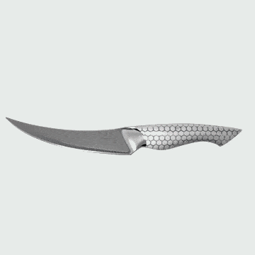 Dalstrong frost fire series 6 inch fillet knife with white honeycomb handle in all angles.