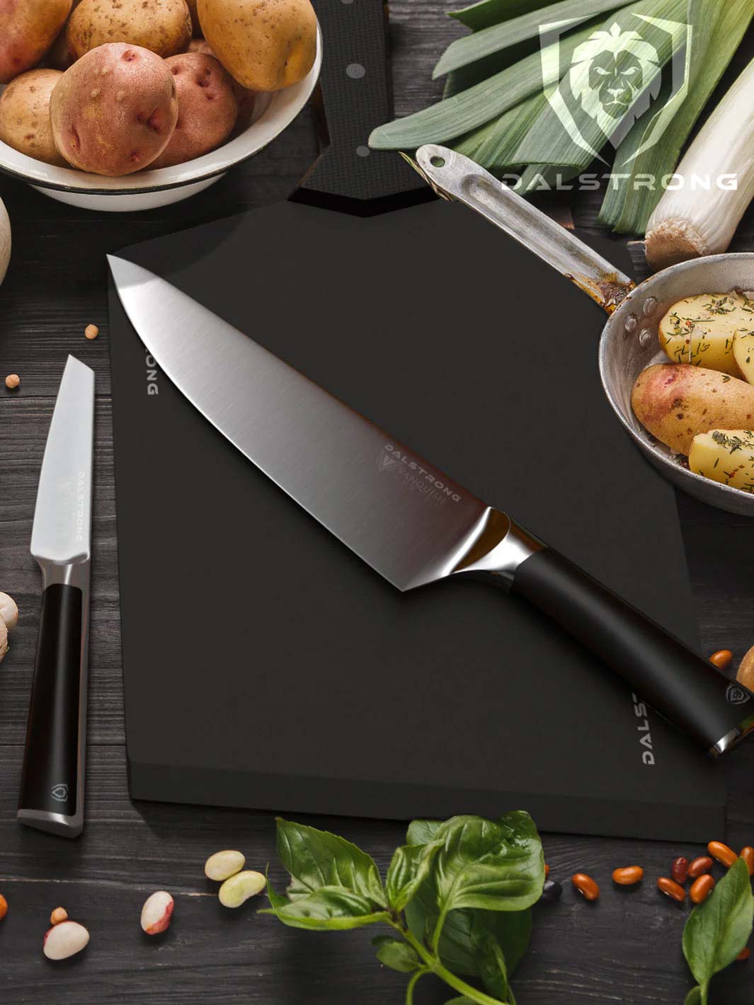 Dalstrong vanquish series 8 inch chef knife with black handle on a cutting board with potatoes.