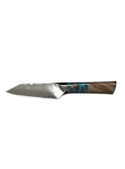 Dalstrong valhalla series 4 inch paring knife with wooden handle in all angles.