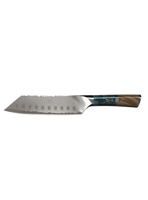 Dalstrong valhalla series 7 inch santoku knife with wooden handle in all angles.