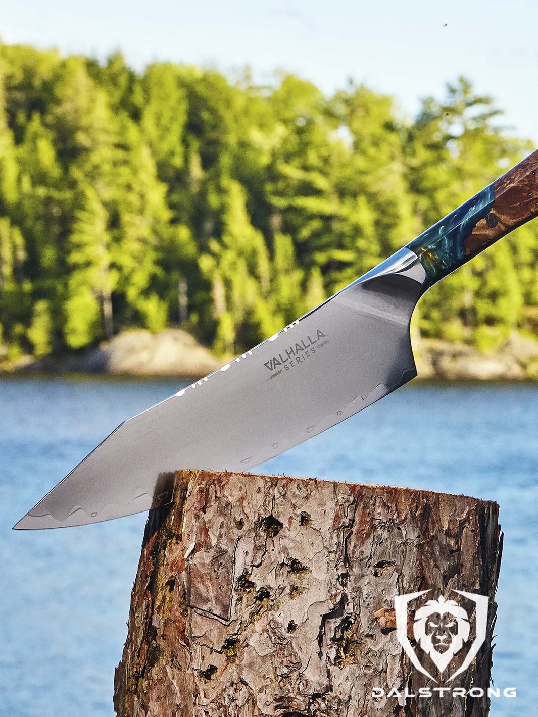 Dalstrong valhalla series 9.5 inch chef knife with wooden handle on a log.