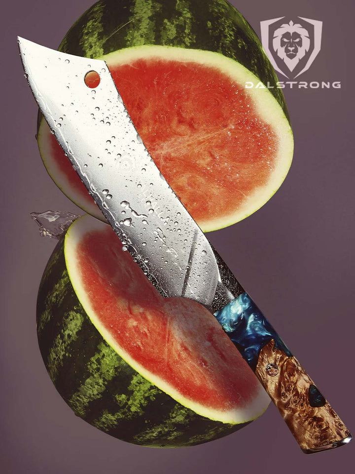 Dalstrong valhalla series 8 inch crixus knife with wooden handle and a melon cut in half.