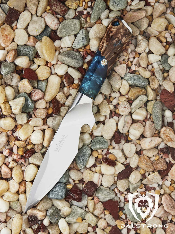 Dalstrong valhalla series 6 inch piranha knife with wooden handle on top of pebbles.