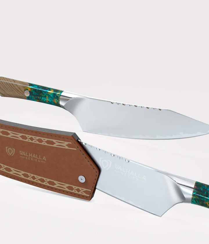 Dalstrong valhalla series 8 inch chef knife showcasing it's blade and sheath.