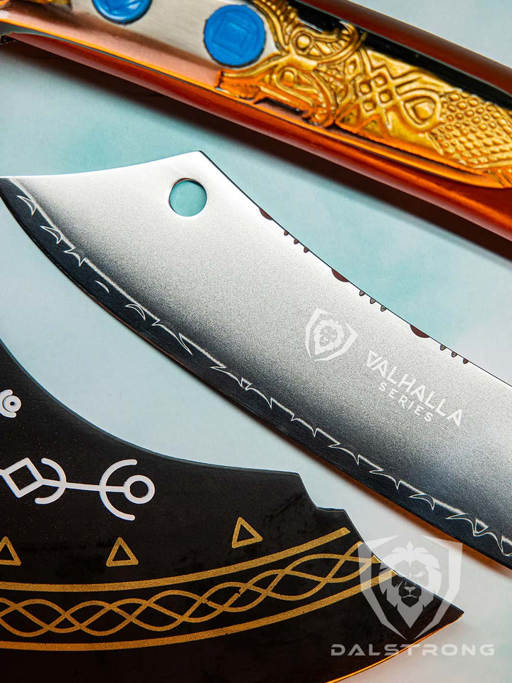Dalstrong valhalla series 8 inch crixus knife with wooden handle showcasing it's blade.
