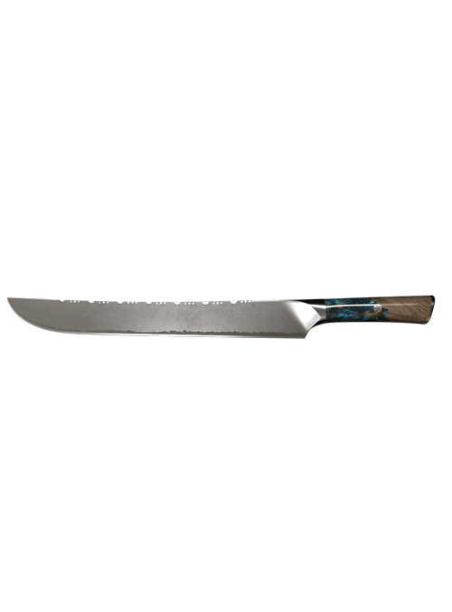 Dalstrong valhalla series 12 inch slicer knife with wooden handle in all angles.