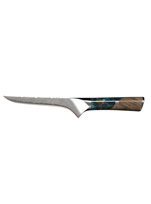 Dalstrong valhalla series boning knife with wooden handle in all angles.