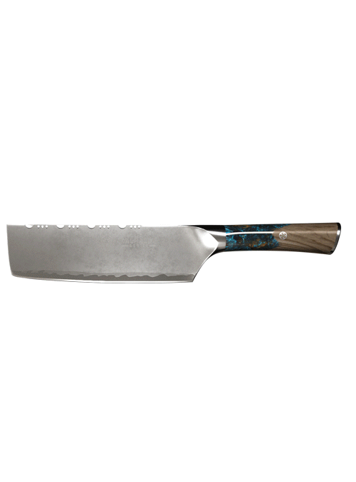 Dalstrong valhalla series 7 inch nakiri knife with wooden handle in all angles.