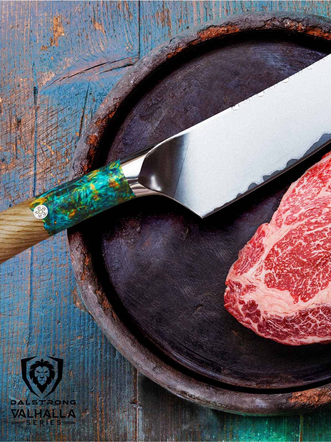 Dalstrong valhalla series 8 inch chef knife with wooden handle and a steak.