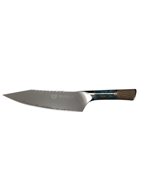 Dalstrong valhalla series 8 inch chef knife in all angles.