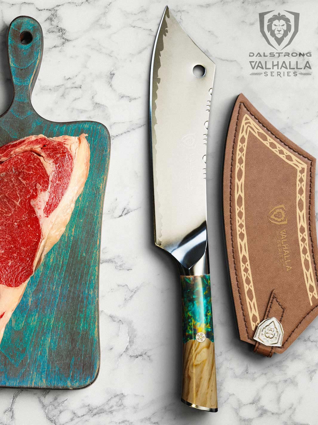 Dalstrong valhalla series 8 inch crixus knife with wooden handle and sheath beside a steak on a cutting board.