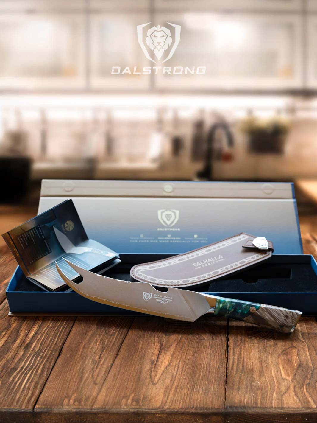 Dalstrong valhalla series 8 inch pitmaster knife with wooden handle and sheath outside it's premium packaging.