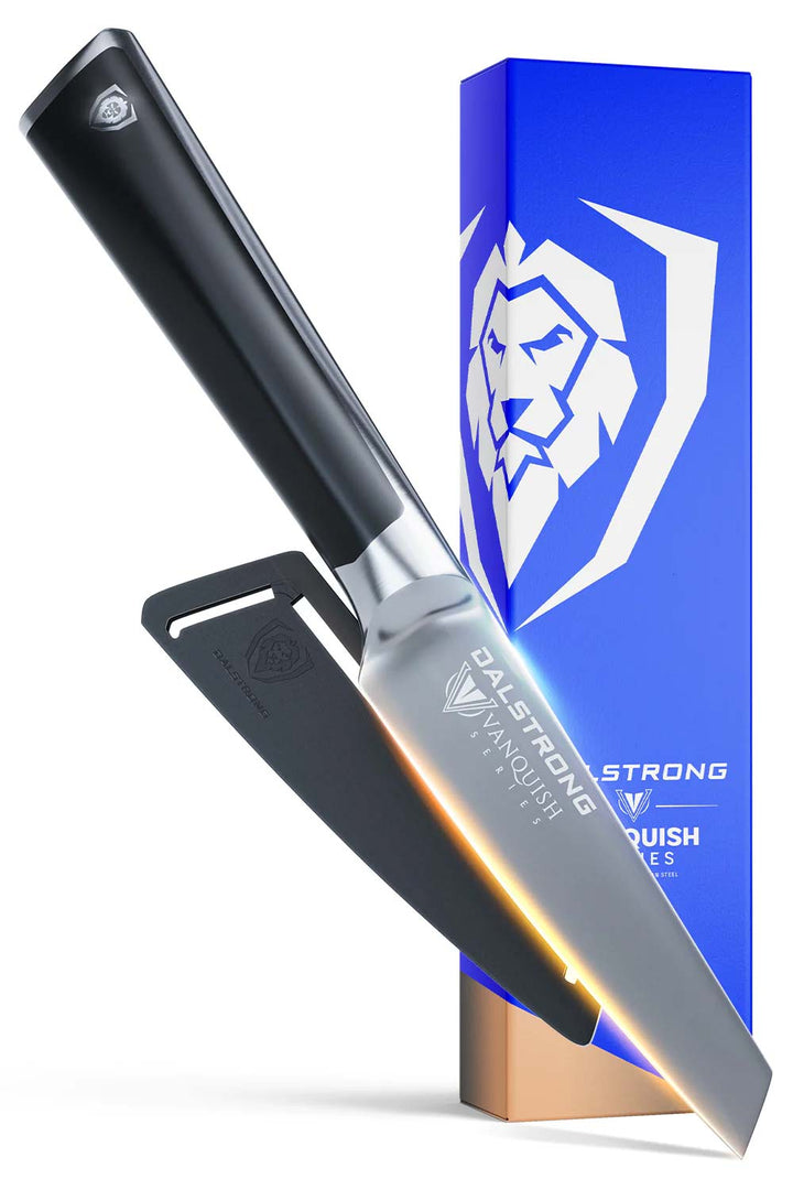 Dalstrong vanquish series 3.5 inch paring knife in front of it's premium packaging.