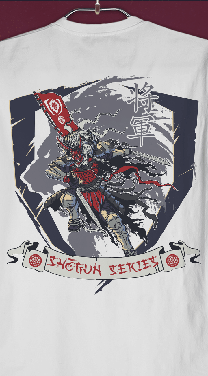 Dalstrong the shogun series war dance tee white back design with series name.