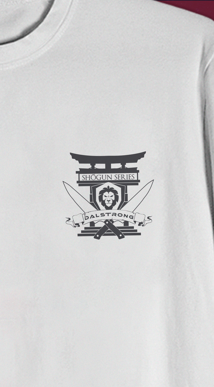 Dalstrong the shogun series blades up tee white front design.