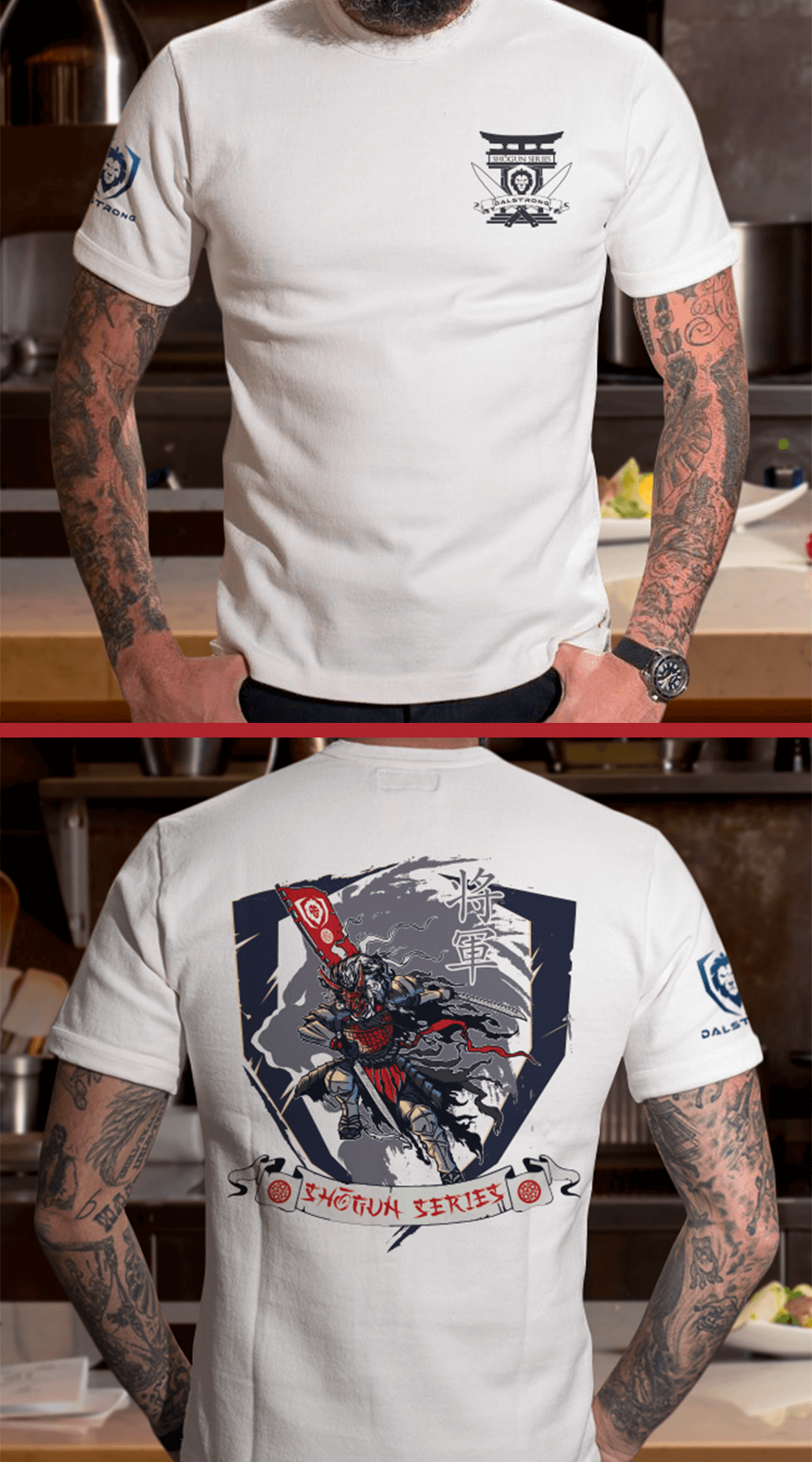 Dalstrong the shogun series war dance tee white front and back preview.