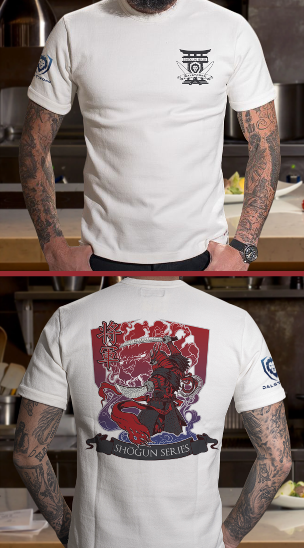 Dalstrong the shogun series blades up tee white front and back preview.