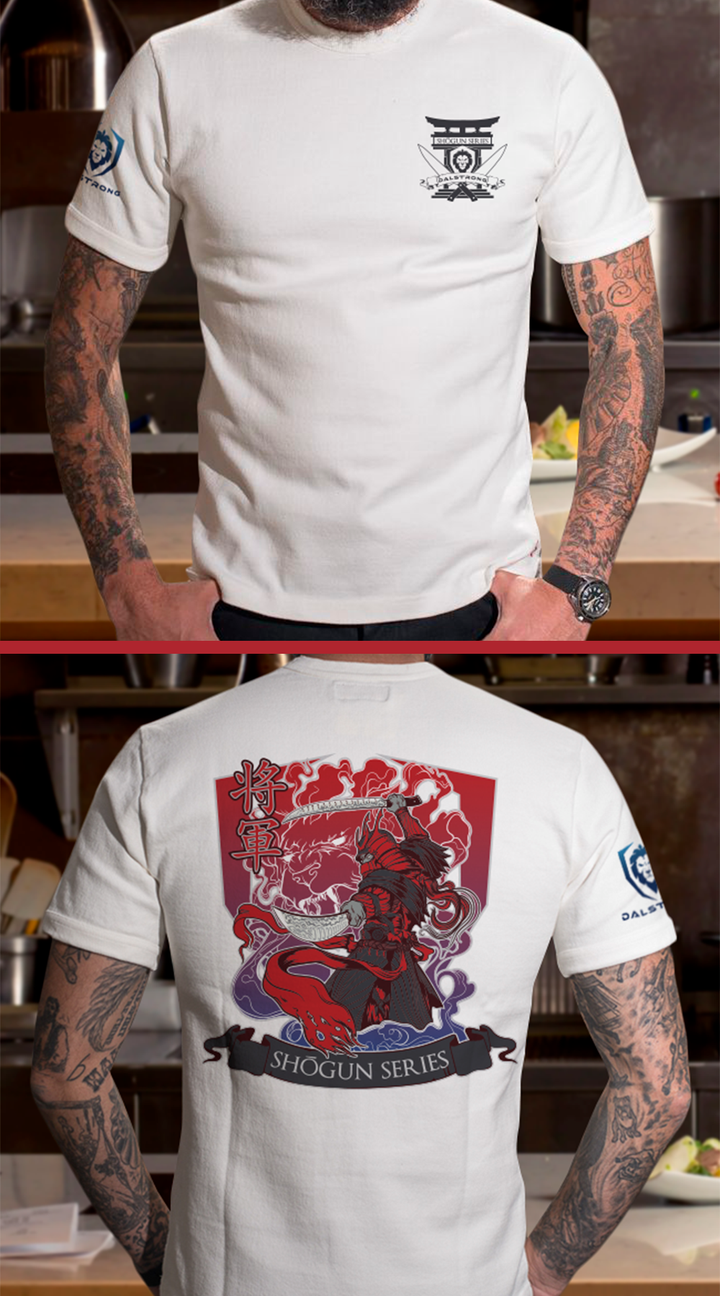 Dalstrong the shogun series blades up tee white front and back preview.