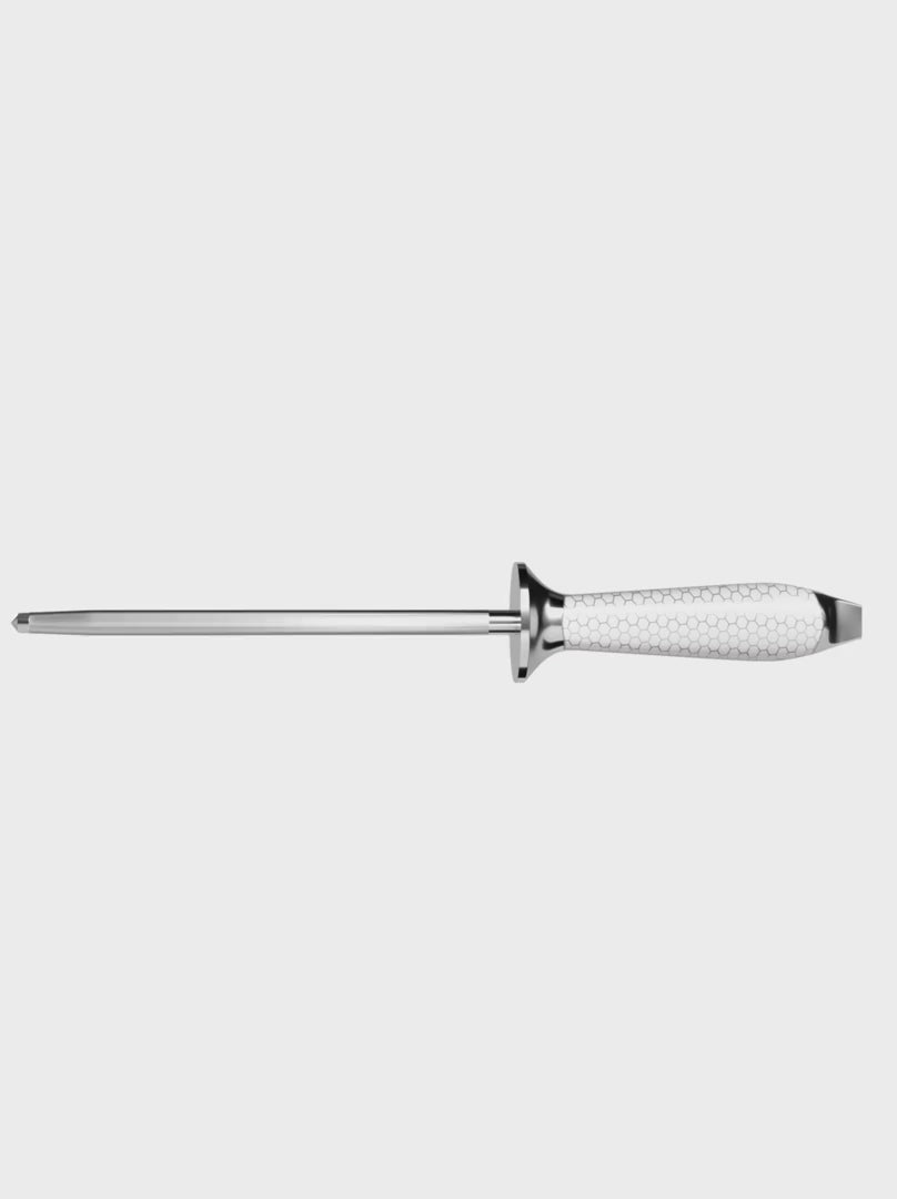 Dalstrong frost fire series 10 inch honing rod with white honeycomb handle in all angles.